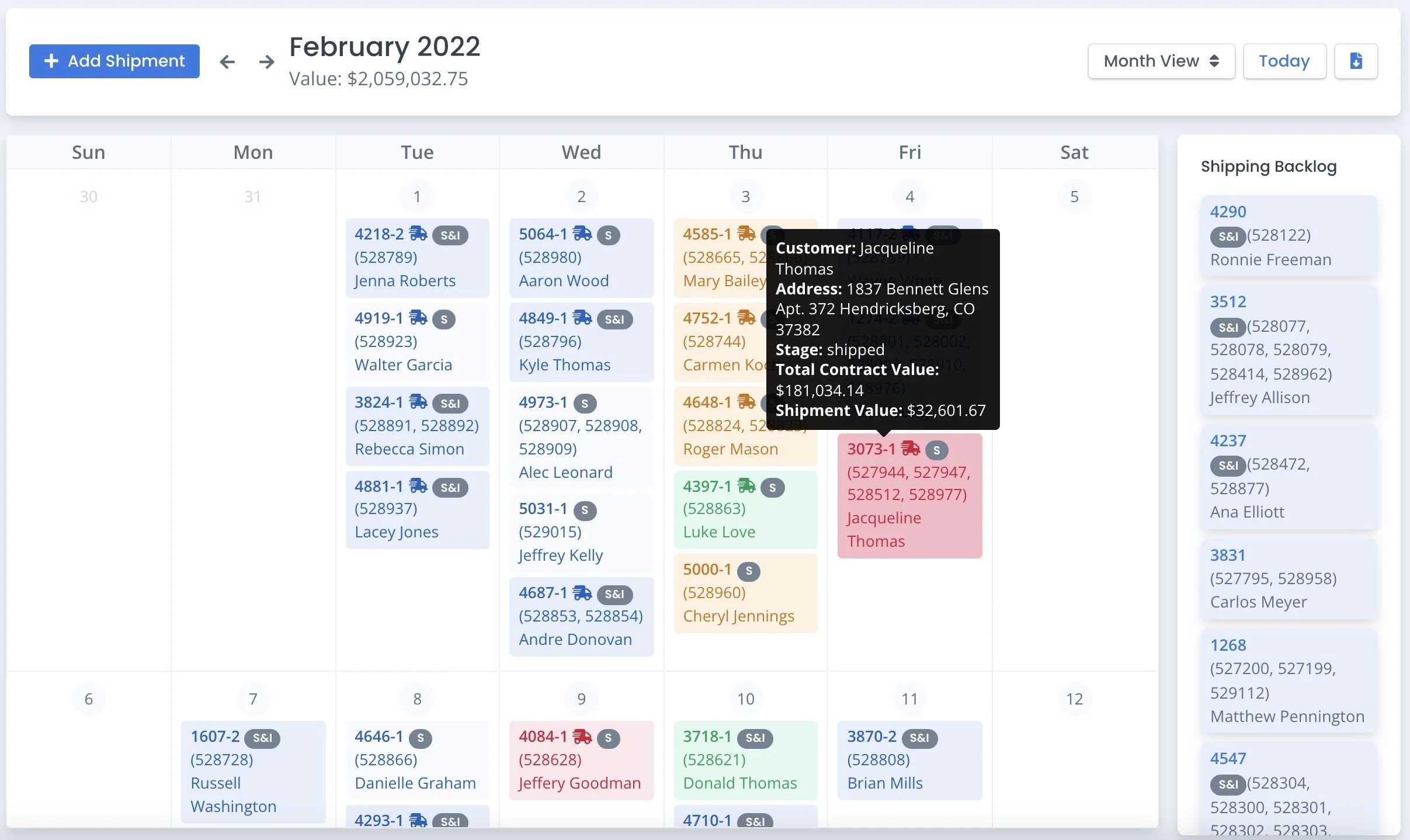 Screenshot of Shipping Calendar with ERP and Accounting Information
